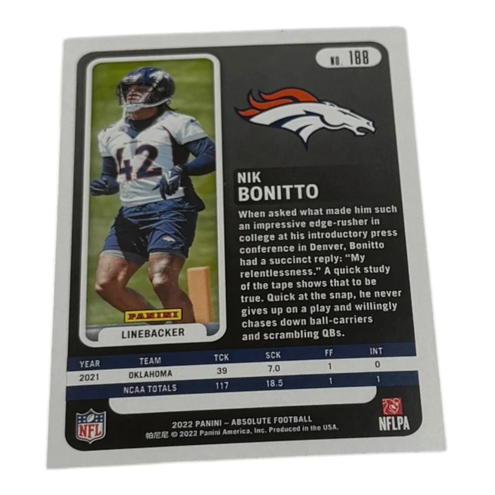 2022 Panini Absolute Football Nik Bonitto Rookie Card 188 Denver Broncos RC